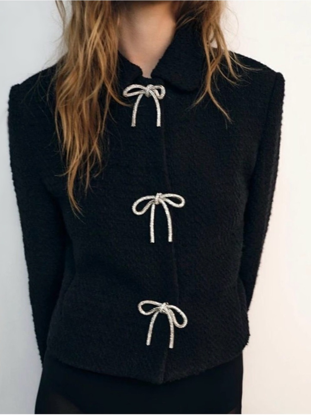 NWT Zara Medium Black Tweed Jacket with Silver Sparkly Bow Buttons